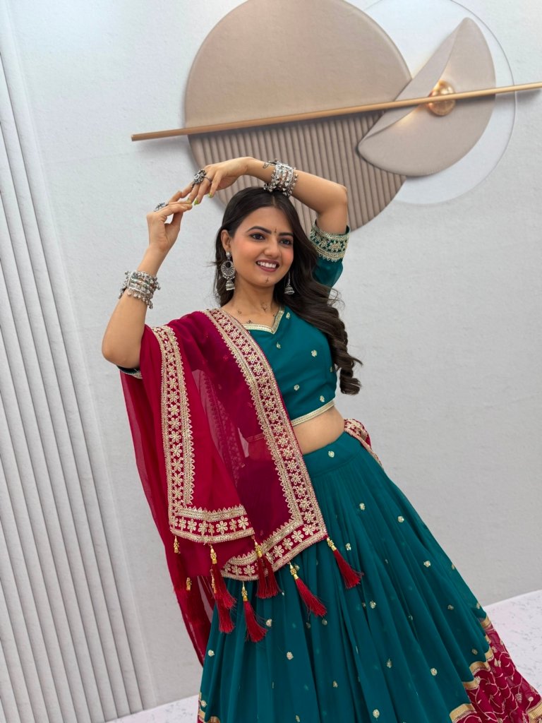Teal & Wine Embroidered Festive Lehenga Choli with Dupatta
