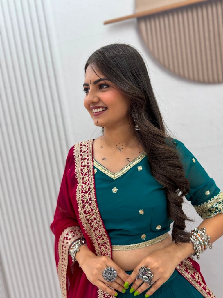 Teal & Wine Embroidered Festive Lehenga Choli with Dupatta