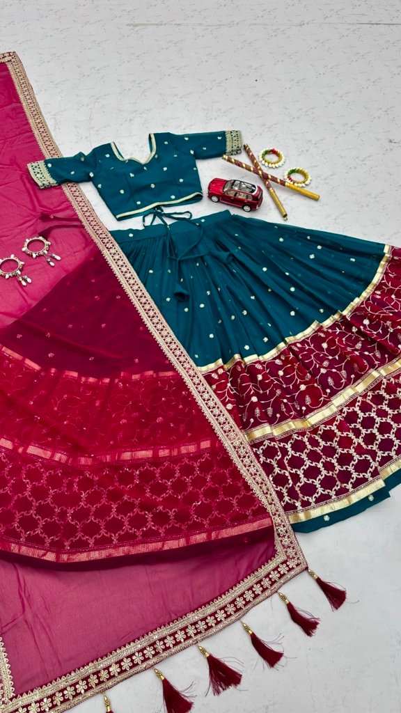 Teal & Wine Embroidered Festive Lehenga Choli with Dupatta