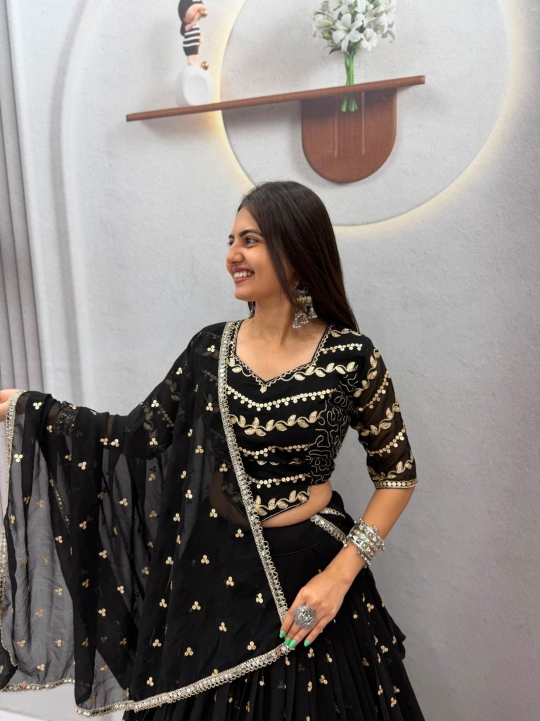 Black Designer Embroidered Georgette Lehenga Choli with Dupatta