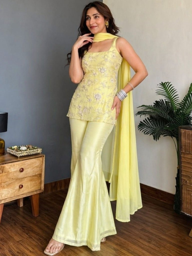Pastel Yellow Embroidered Designer Palazzo Suit Set with Dupatta