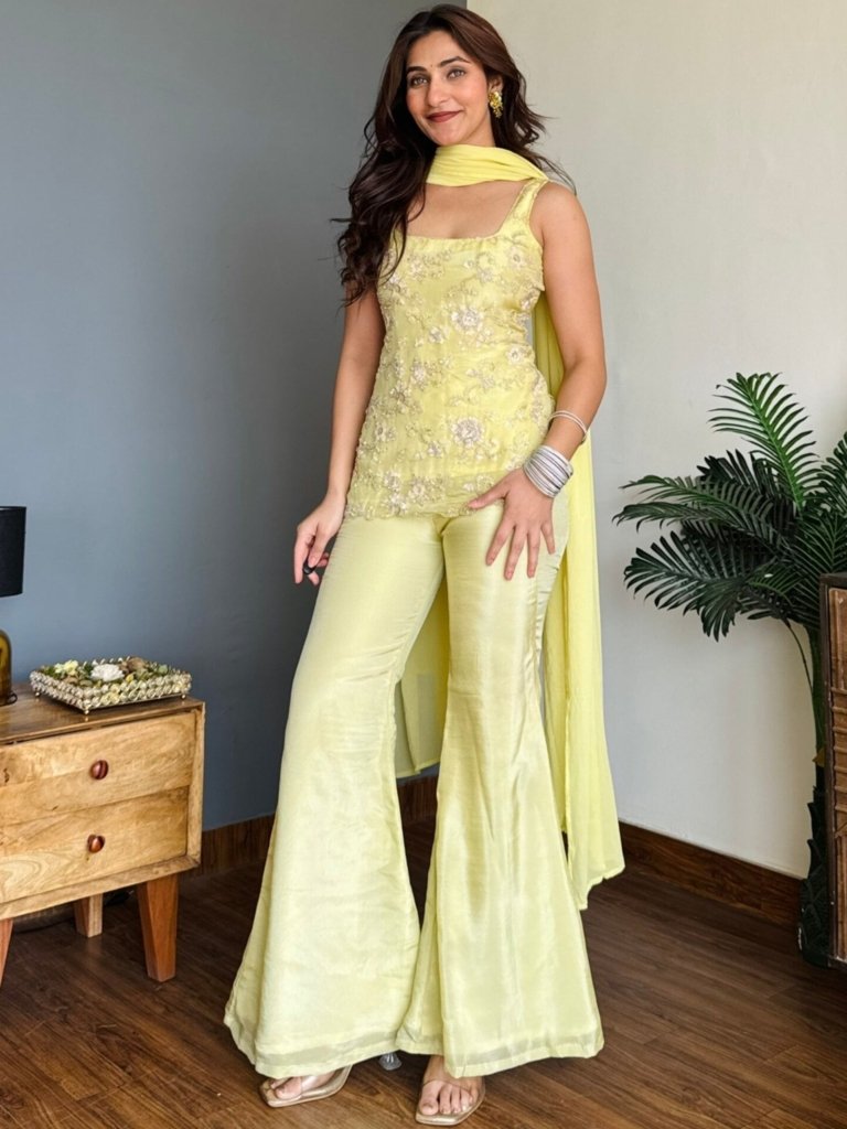 Pastel Yellow Embroidered Designer Palazzo Suit Set with Dupatta