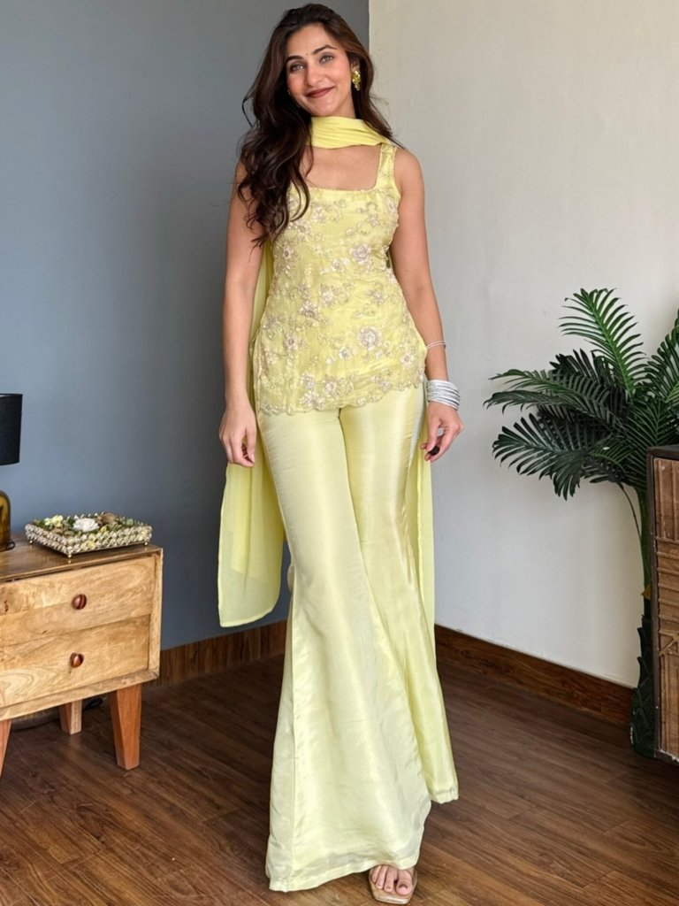 Pastel Yellow Embroidered Designer Palazzo Suit Set with Dupatta