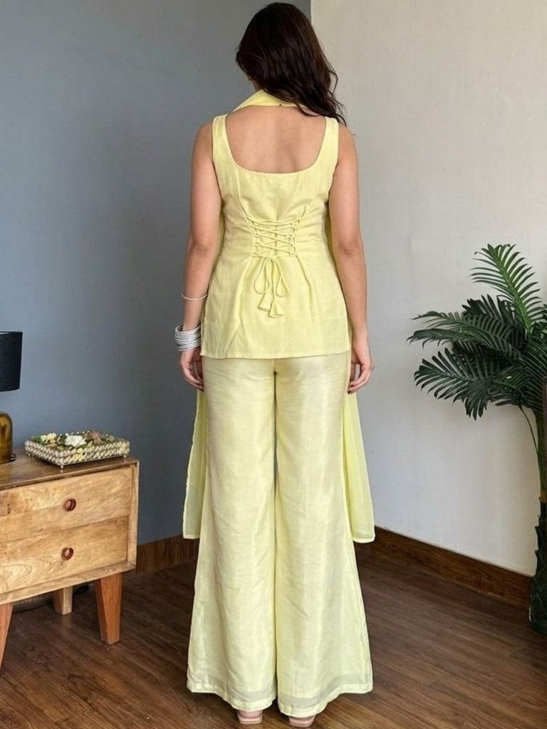 Pastel Yellow Embroidered Designer Palazzo Suit Set with Dupatta