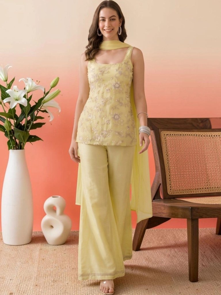 Pastel Yellow Embroidered Designer Palazzo Suit Set with Dupatta