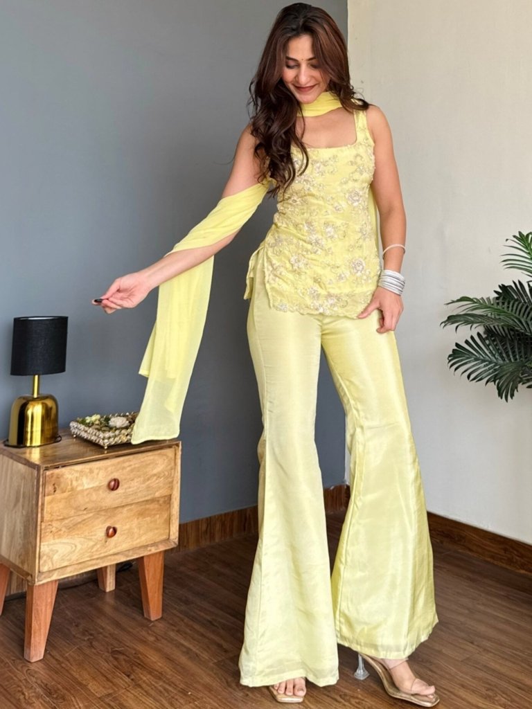 Pastel Yellow Embroidered Designer Palazzo Suit Set with Dupatta
