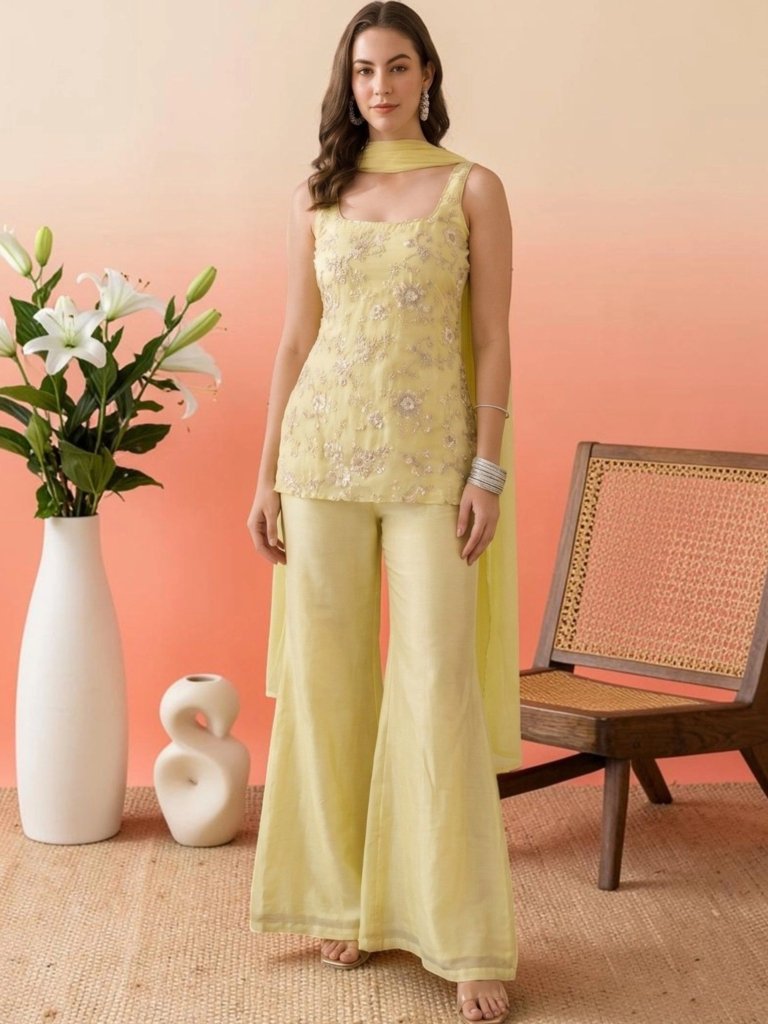 Pastel Yellow Embroidered Designer Palazzo Suit Set with Dupatta
