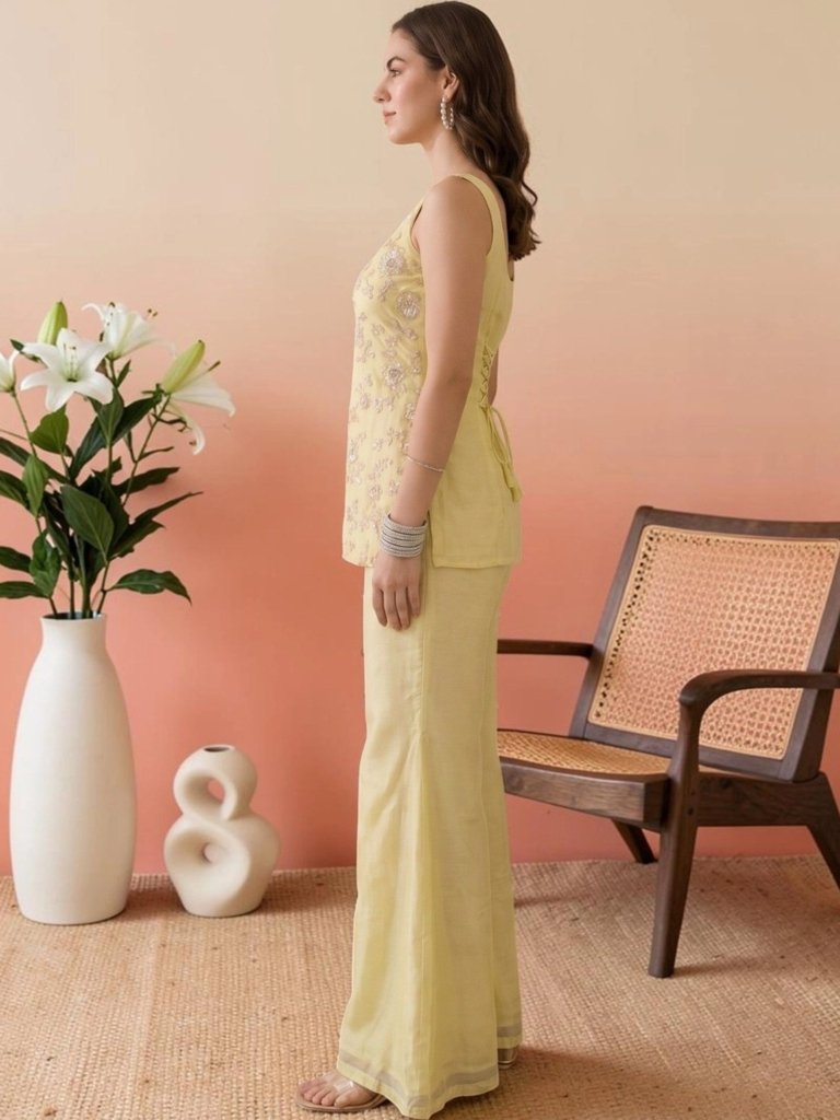 Pastel Yellow Embroidered Designer Palazzo Suit Set with Dupatta