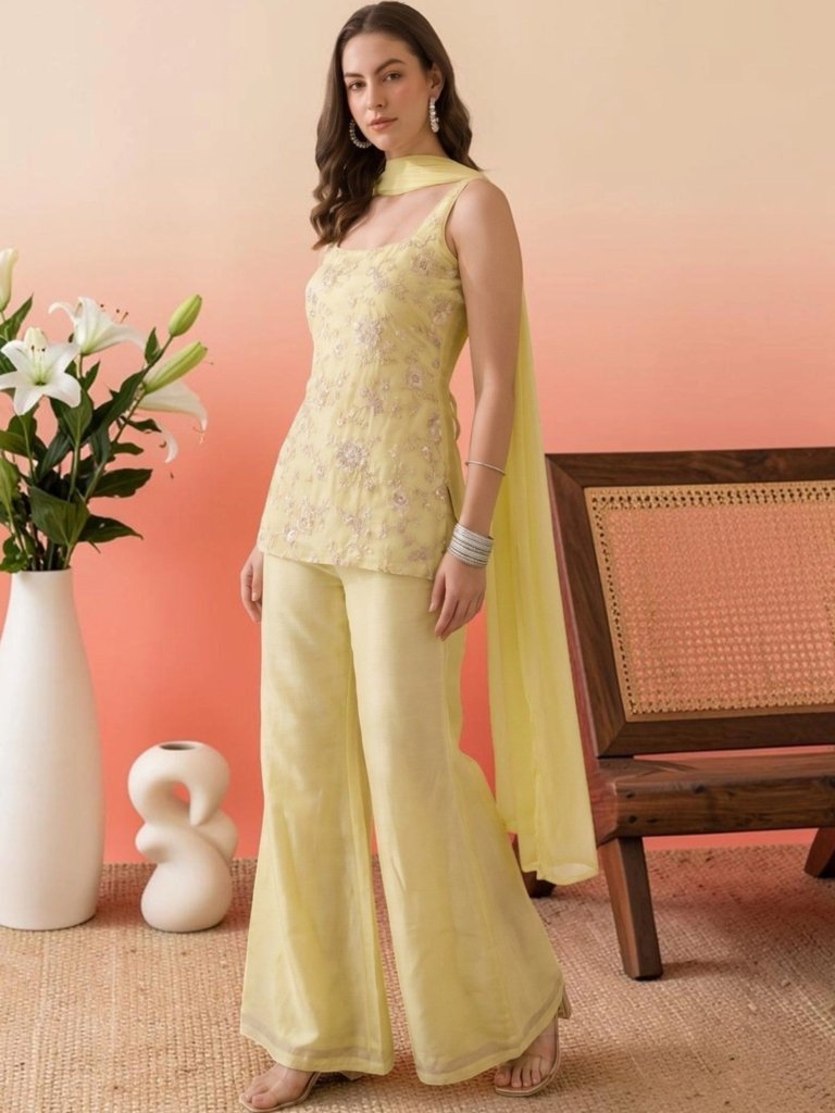 Pastel Yellow Embroidered Designer Palazzo Suit Set with Dupatta