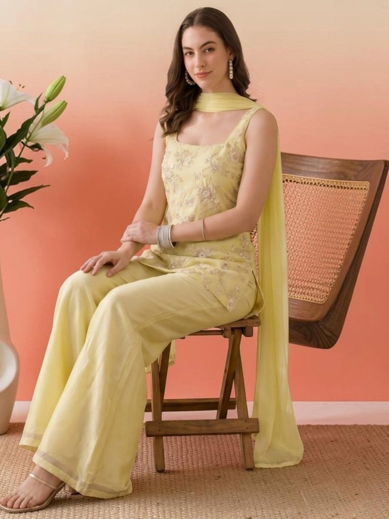 Pastel Yellow Embroidered Designer Palazzo Suit Set with Dupatta