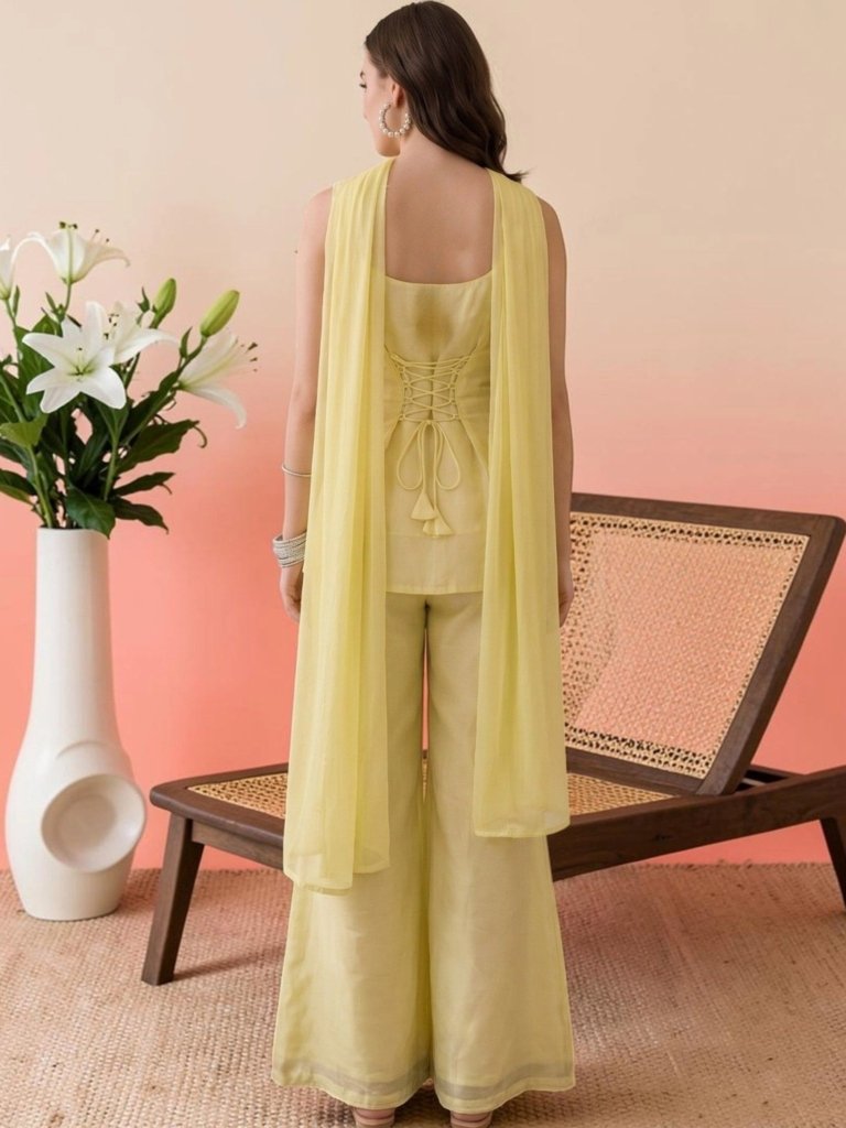 Pastel Yellow Embroidered Designer Palazzo Suit Set with Dupatta