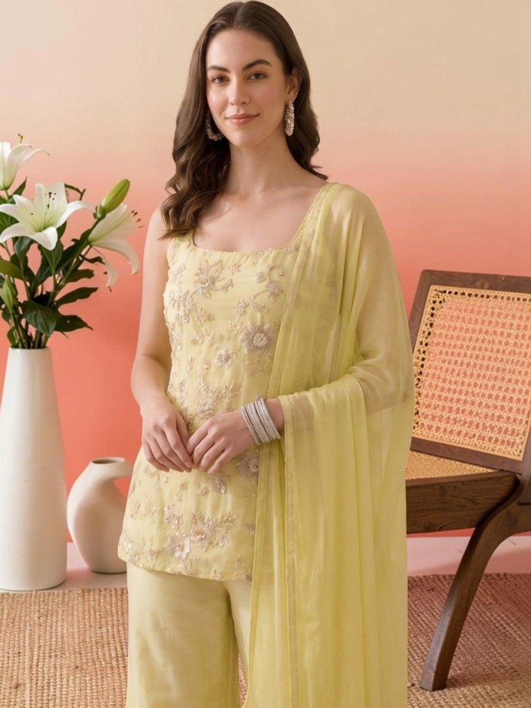 Pastel Yellow Embroidered Designer Palazzo Suit Set with Dupatta