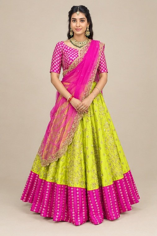 Trendy Semi Stitched Satin Silk Lehenga Choli Dupatta Set for Women