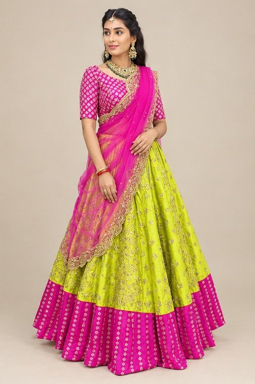 Trendy Semi Stitched Satin Silk Lehenga Choli Dupatta Set for Women