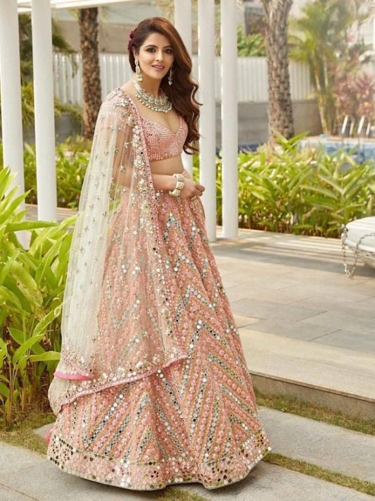 Blush Pink Geometric Mirror Work Premium Designer Lehenga Choli