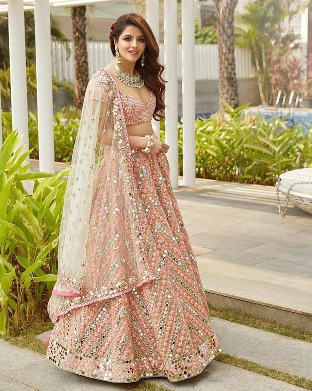 Blush Pink Geometric Mirror Work Premium Designer Lehenga Choli