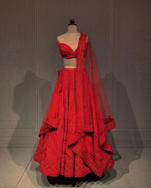 Bollywood Style Pooja Hegde Wear Red Color Bridal Lehenga Choli
