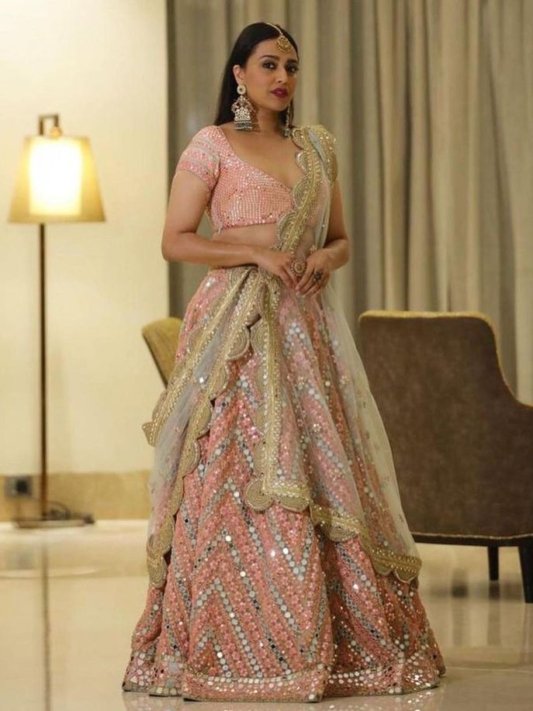 Blush Pink Geometric Mirror Work Premium Designer Lehenga Choli – view 7