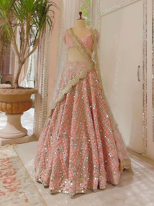 Blush Pink Geometric Mirror Work Premium Designer Lehenga Choli