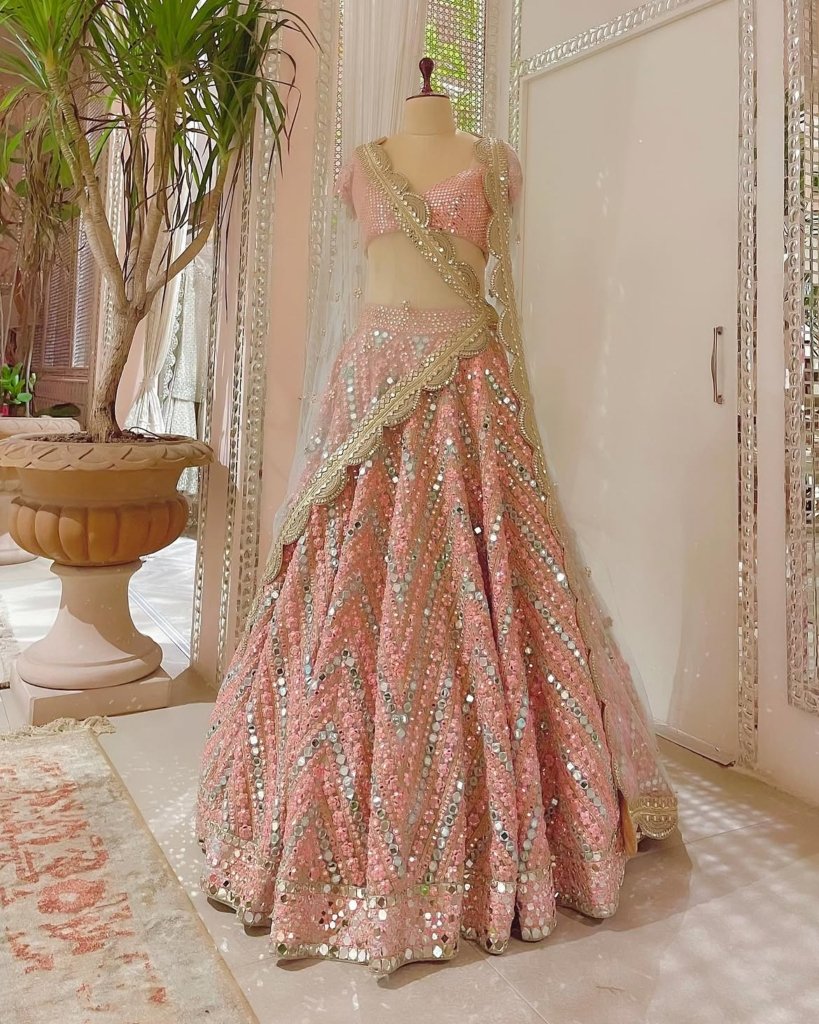 Blush Pink Geometric Mirror Work Premium Designer Lehenga Choli