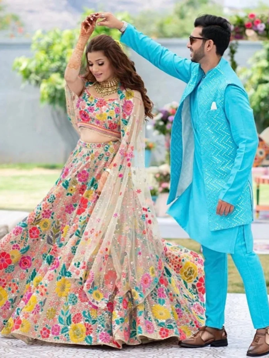 Wedding Wear Heavy Multi Color Georgette Thread Work Lehenga Choli