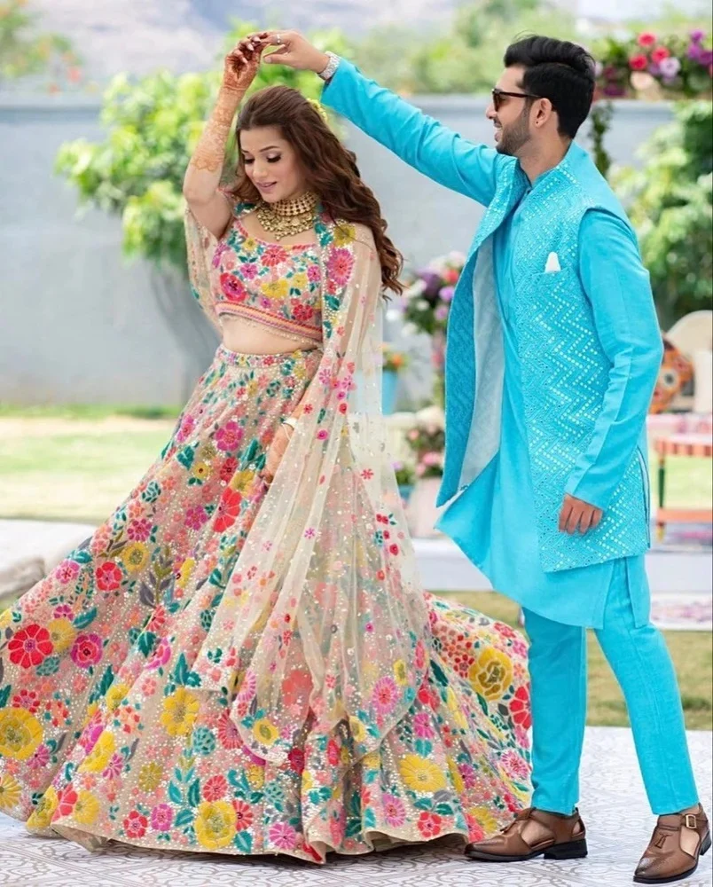 Wedding Wear Heavy Multi Color Georgette Thread Work Lehenga Choli