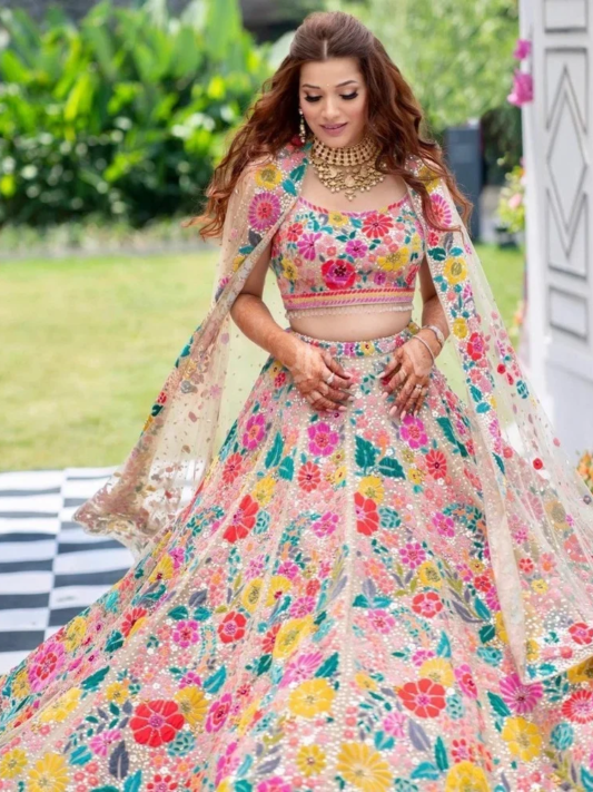 Wedding Wear Heavy Multi Color Georgette Thread Work Lehenga Choli