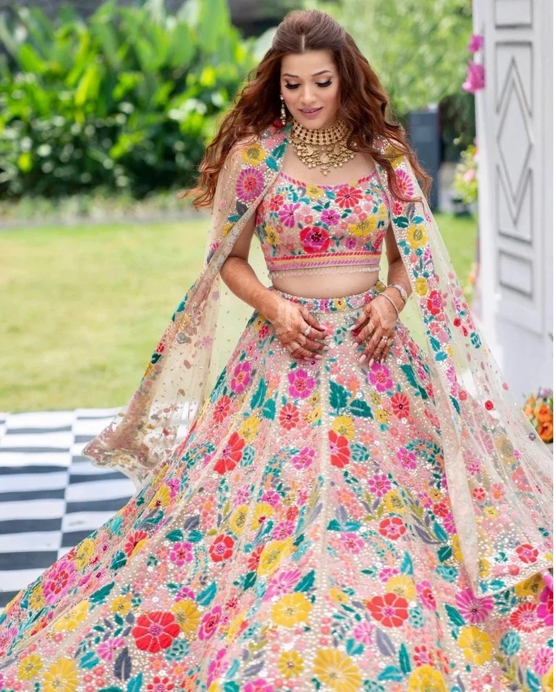Wedding Wear Heavy Multi Color Georgette Thread Work Lehenga Choli