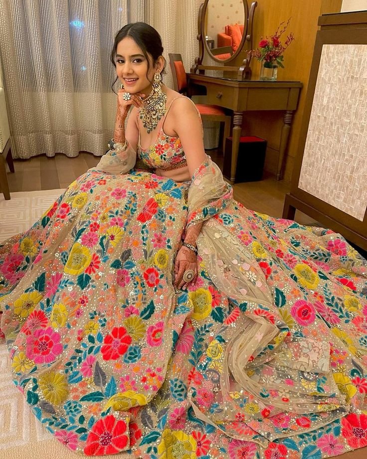 Wedding Wear Heavy Multi Color Georgette Thread Work Lehenga Choli