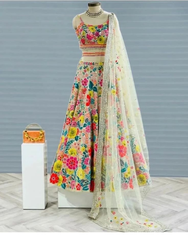 Wedding Wear Heavy Multi Color Georgette Thread Work Lehenga Choli