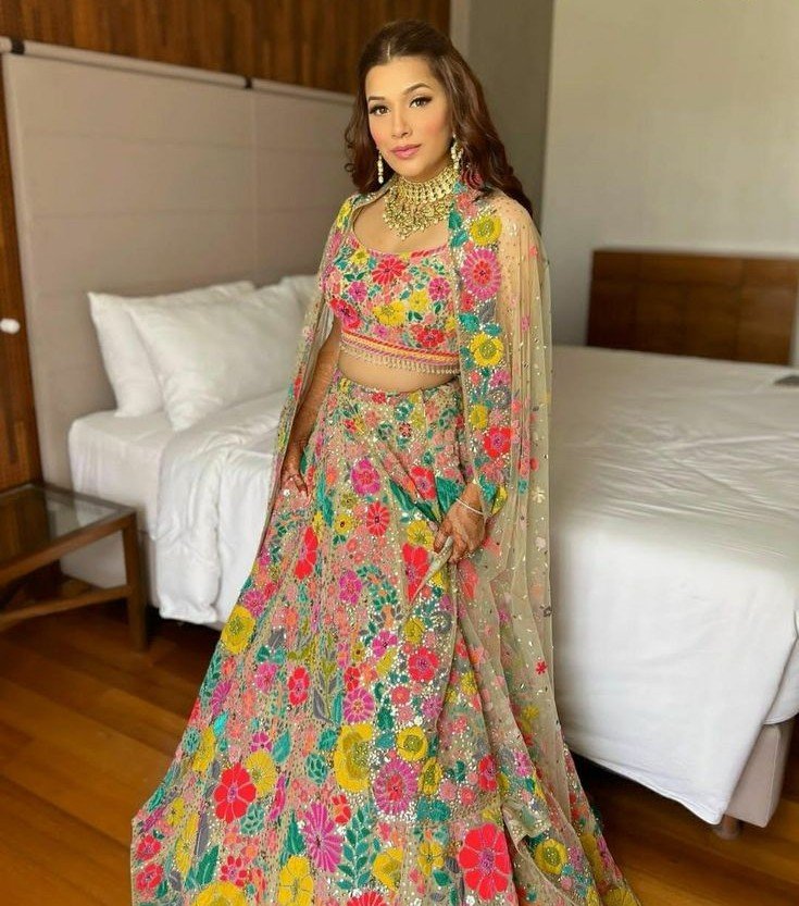 Wedding Wear Heavy Multi Color Georgette Thread Work Lehenga Choli