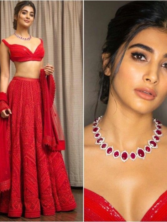 Bollywood Style Pooja Hegde Wear Red Color Bridal Lehenga Choli