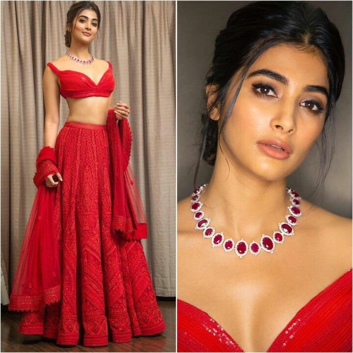 Bollywood Style Pooja Hegde Wear Red Color Bridal Lehenga Choli