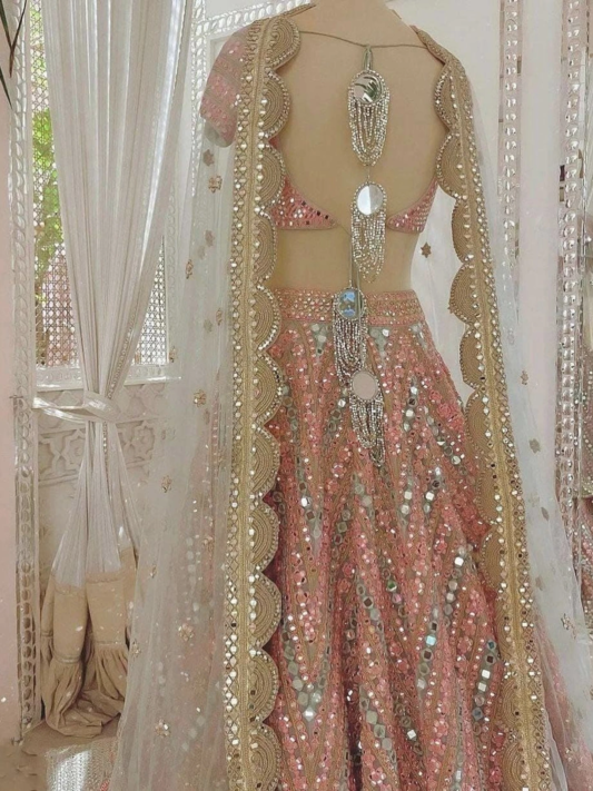 Blush Pink Geometric Mirror Work Premium Designer Lehenga Choli