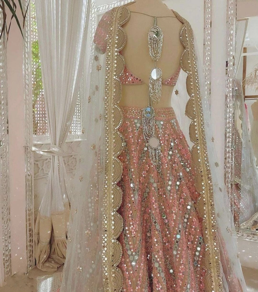 Blush Pink Geometric Mirror Work Premium Designer Lehenga Choli
