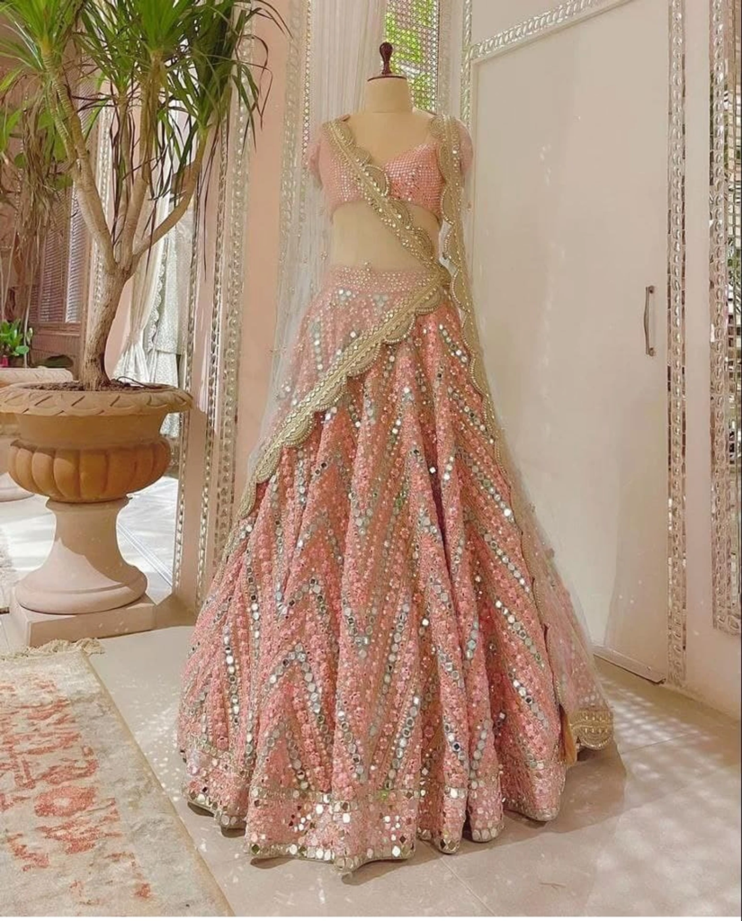 Blush Pink Geometric Mirror Work Premium Designer Lehenga Choli