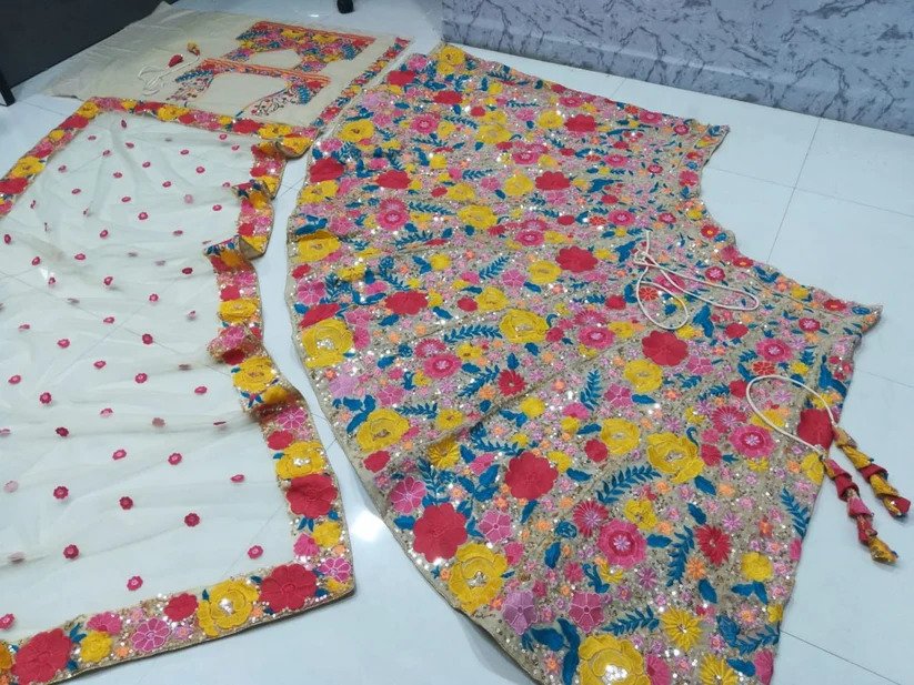 Wedding Wear Heavy Multi Color Georgette Thread Work Lehenga Choli