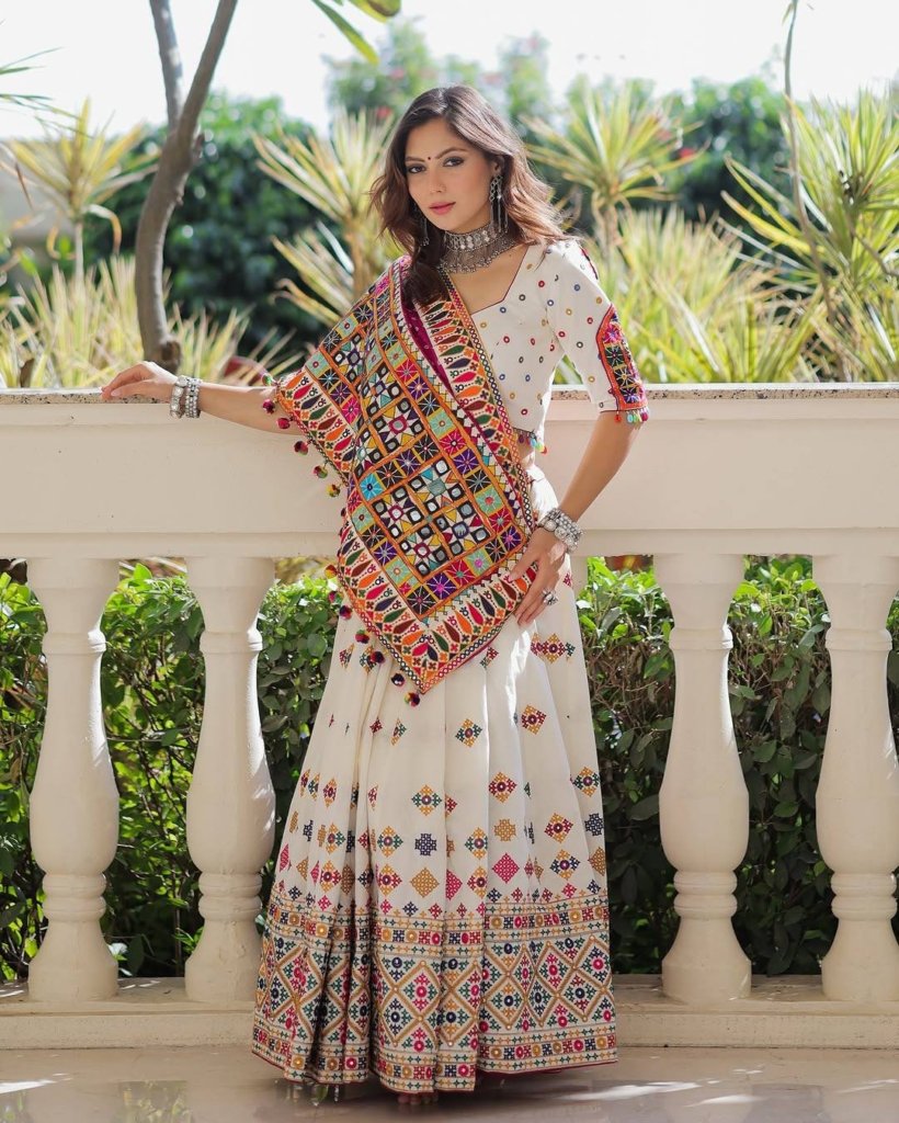 Ivory White Designer Multicolor Embroidered Lehenga Choli with Traditional Dupatta