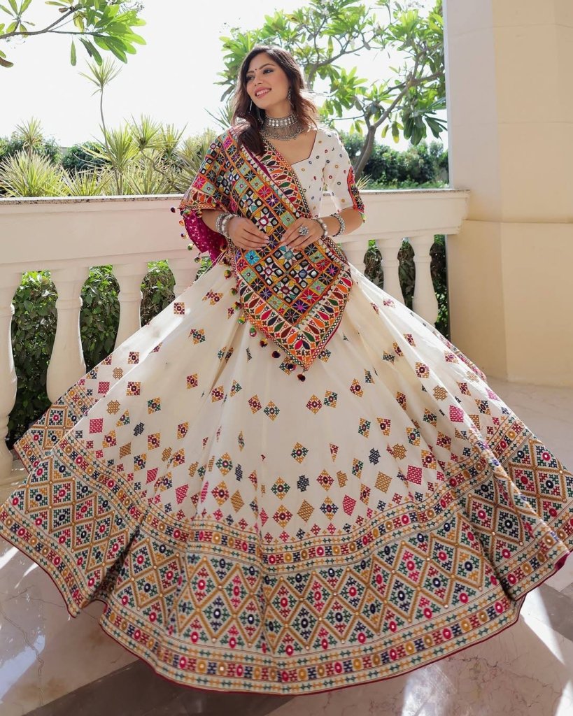 Ivory White Designer Multicolor Embroidered Lehenga Choli with Traditional Dupatta