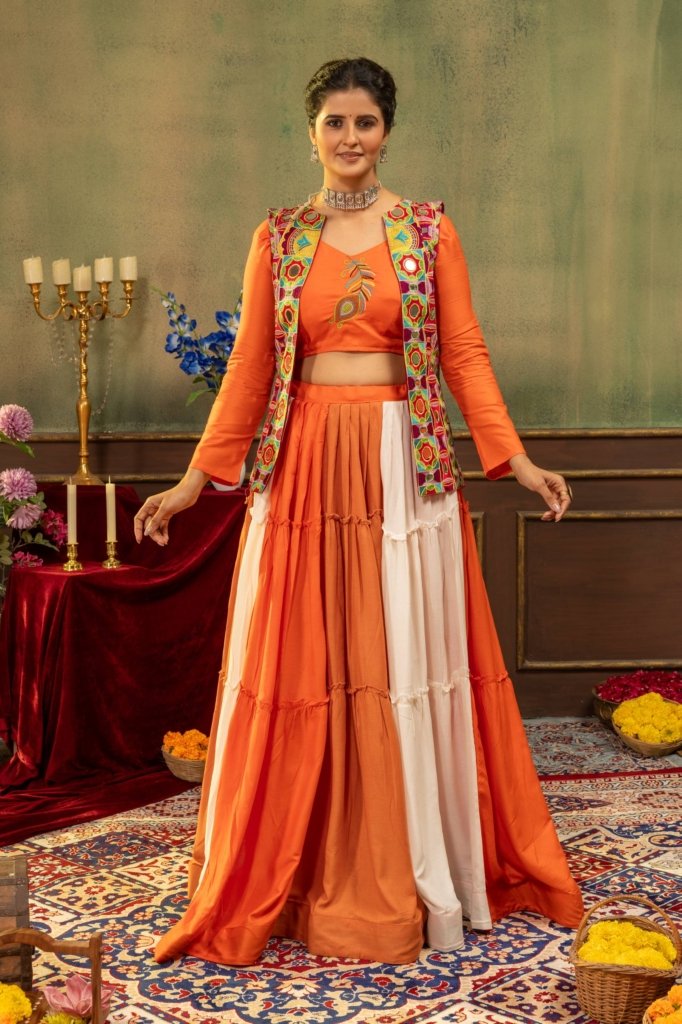 Maharani Royale Orange & Ivory Mirror Work Lehenga Set