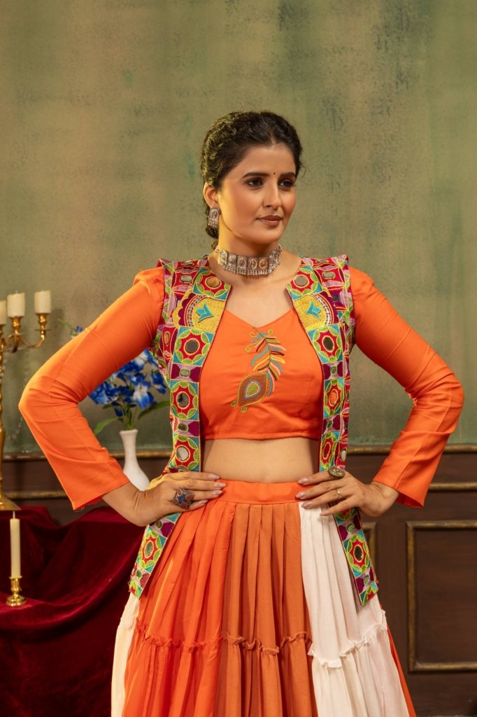 Maharani Royale Orange & Ivory Mirror Work Lehenga Set
