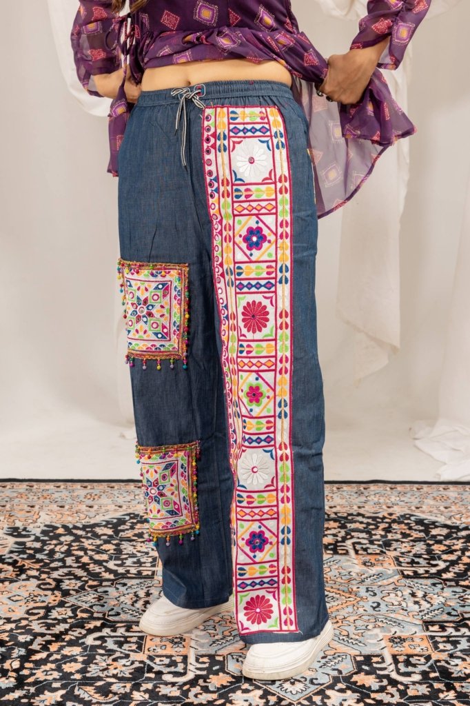 Royal Purple Peplum & Embroidered Denim Palazzo Indo-Western Set