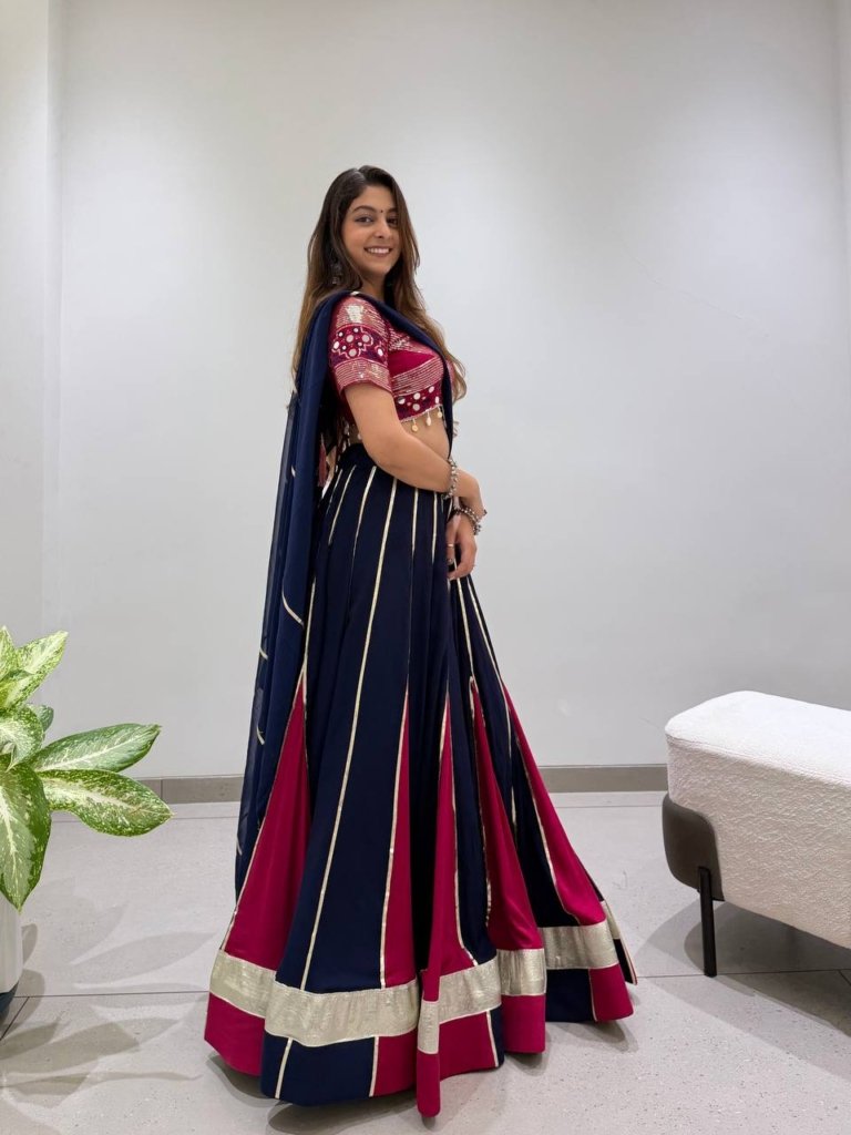 Royal Navy Blue & Magenta Designer Lehenga Choli with Golden Border