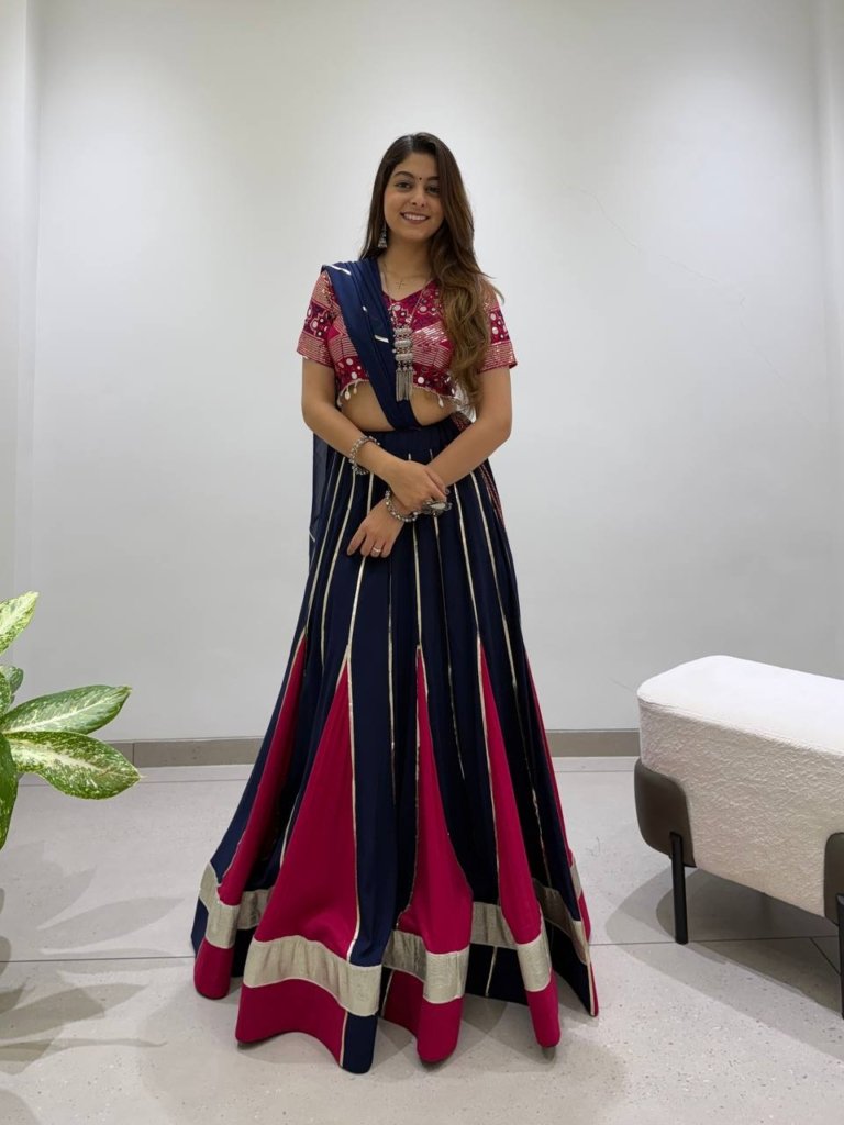 Royal Navy Blue & Magenta Designer Lehenga Choli with Golden Border