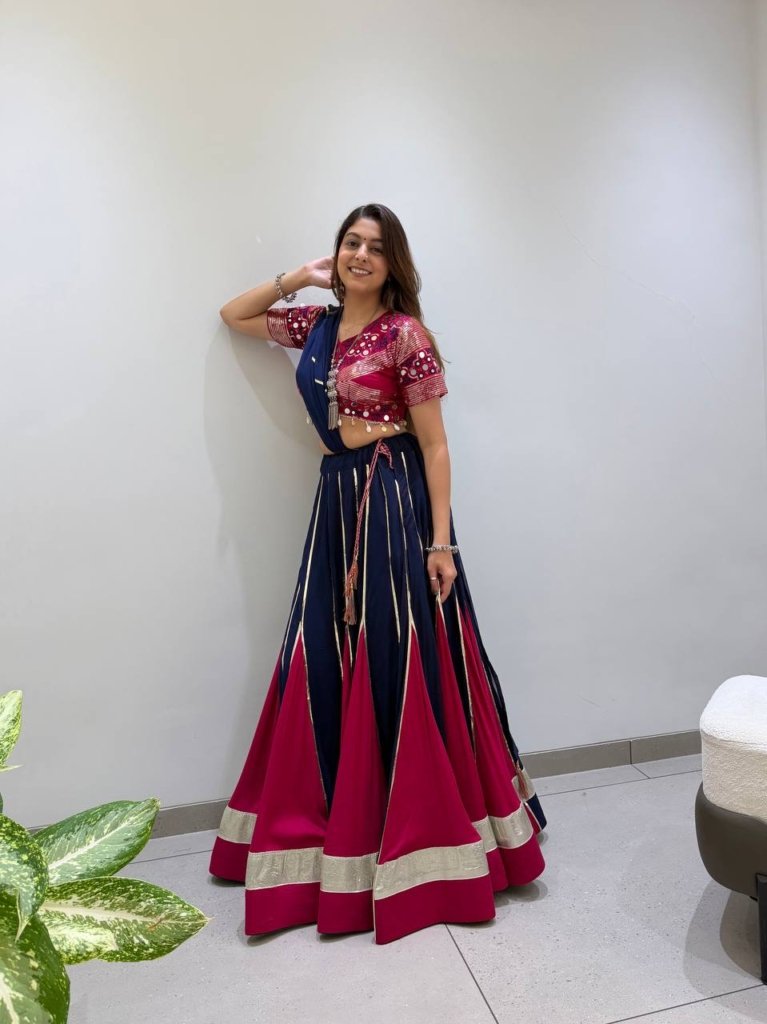Royal Navy Blue & Magenta Designer Lehenga Choli with Golden Border