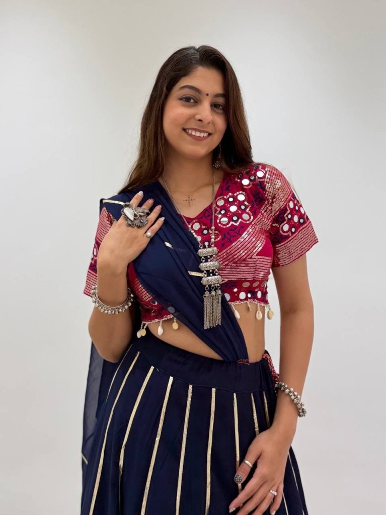 Royal Navy Blue & Magenta Designer Lehenga Choli with Golden Border