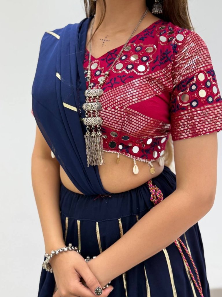 Royal Navy Blue & Magenta Designer Lehenga Choli with Golden Border