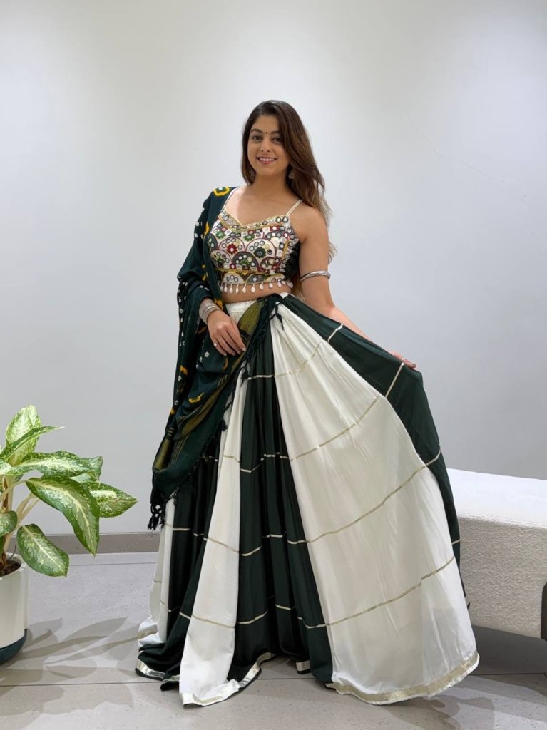 Royal Bottle Green & Ivory Mirror Work Designer Lehenga Choli
