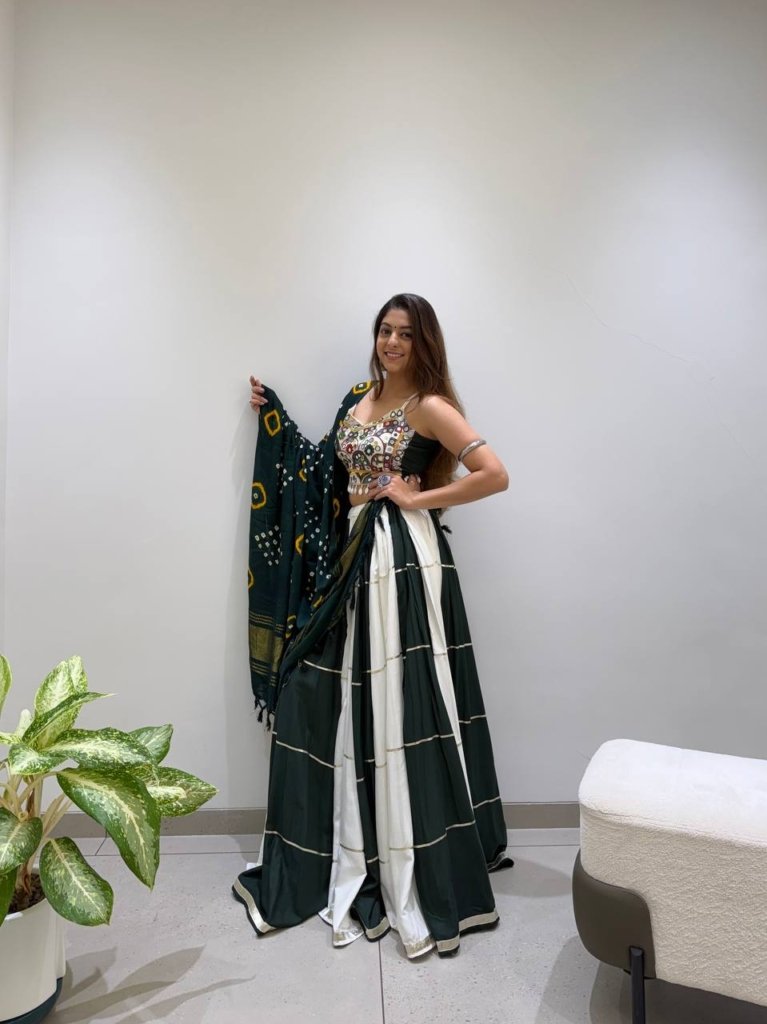 Royal Bottle Green & Ivory Mirror Work Designer Lehenga Choli