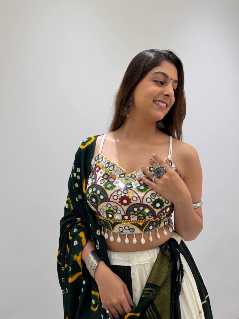Royal Bottle Green & Ivory Mirror Work Designer Lehenga Choli